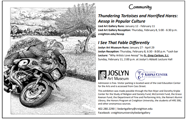 Flier for exhibits with an image of a tortoise on a motorcycle while a rabbit sleeps under a tree.