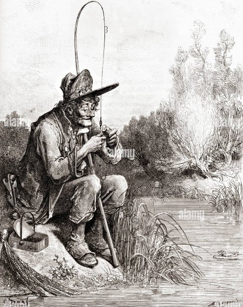 Black and white image of a man fishing