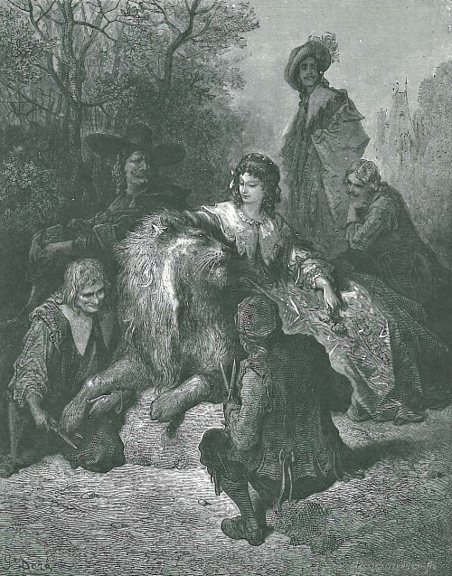 Black and white image of a lion surrounded by people