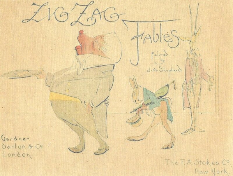 Three animals on a quilt panel, one animal is walking away after serving the two animals. One of the other animals is bowing. The text reads, "Zig Zag Fables Picture by J.A. Shepherd; Gardner, Darton & Co., London; The F.A. Stokes Co., New York."
