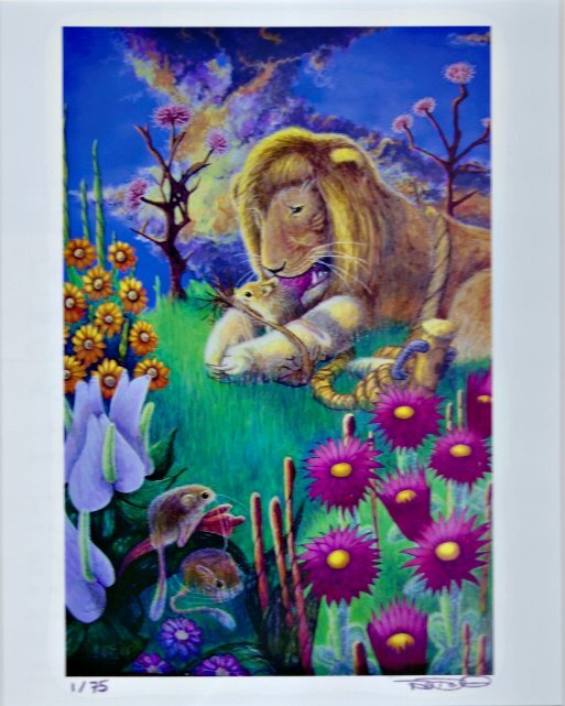 Acrylic painting of a lion with a mouse