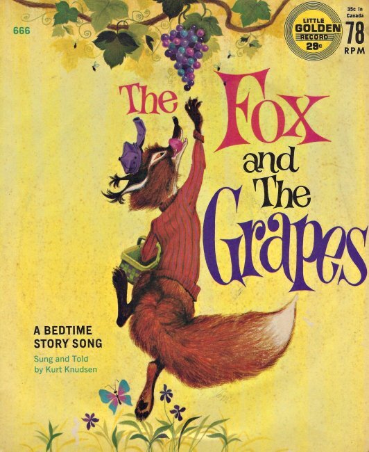 A yellow record sleeve with a fox reaching up towards a bundle of grapes that is just out of reach.
