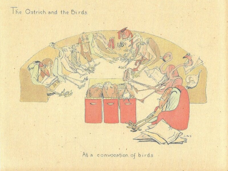 A group of various bird types sitting in a half circle. The text reads, "The Ostrich and the Birds. At a convocation of birds."