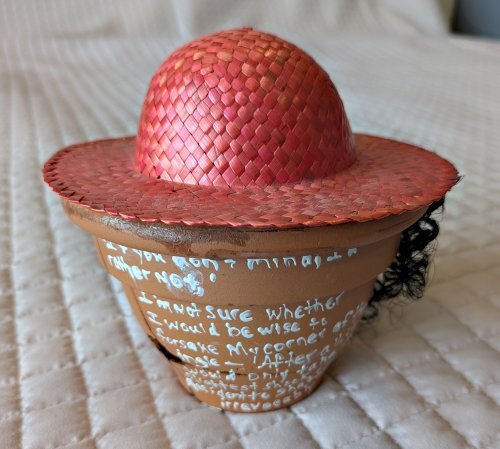 The back of a pot with a red hat on.