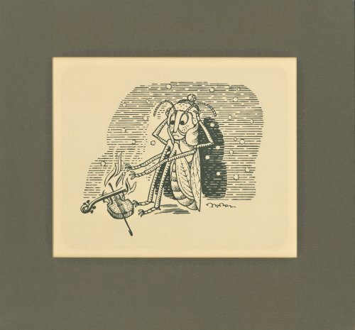 The grasshopper warms himself in winter by burning his violin as firewood.