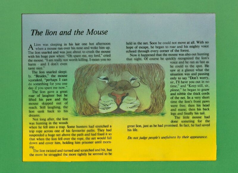 Image of a lion with a mouse accompanied by text and a green background