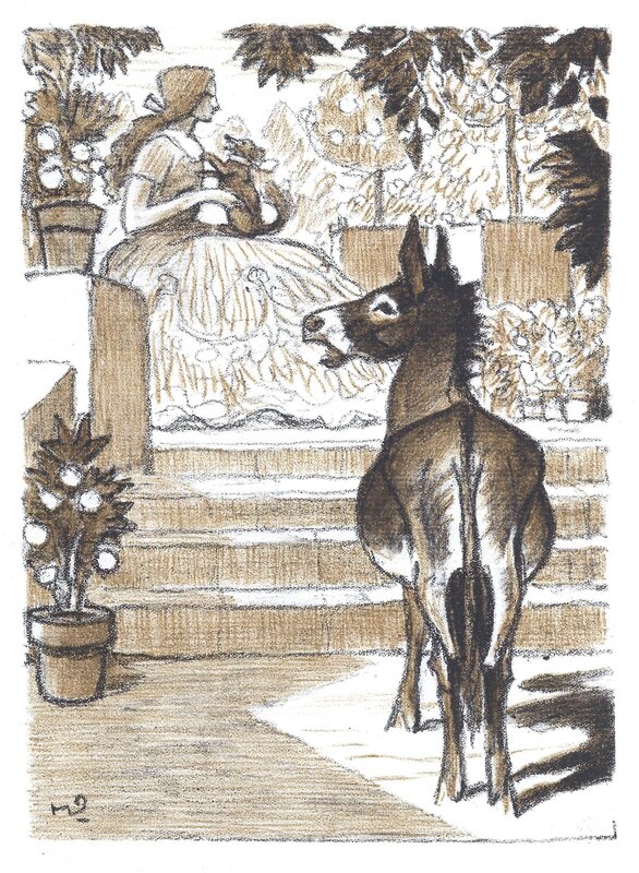 A seated woman holding a dog while a donkey looks on.