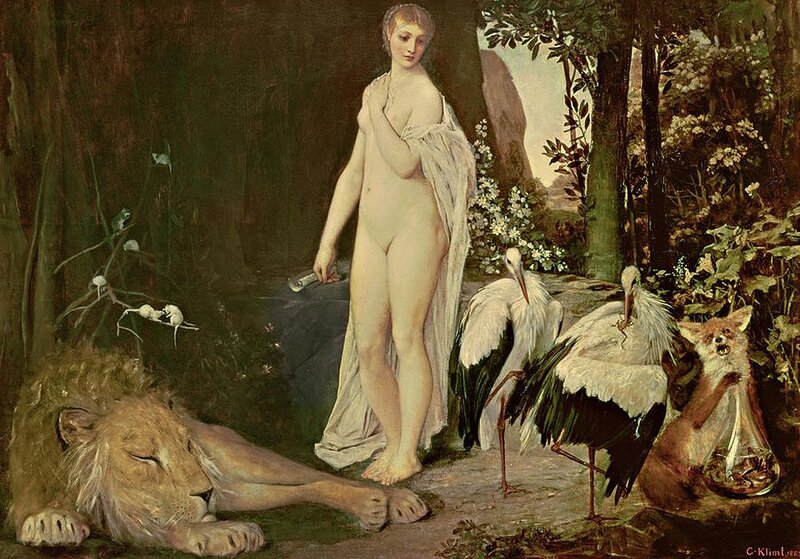 Oil painting of a woman standing in a forest next to a lion
