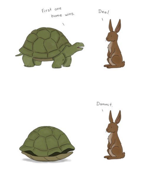 A print with a green tortoise and a brown hare.