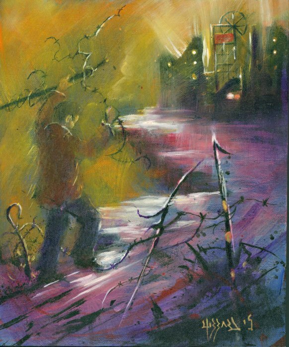 An oil painting of a man walking towards a city