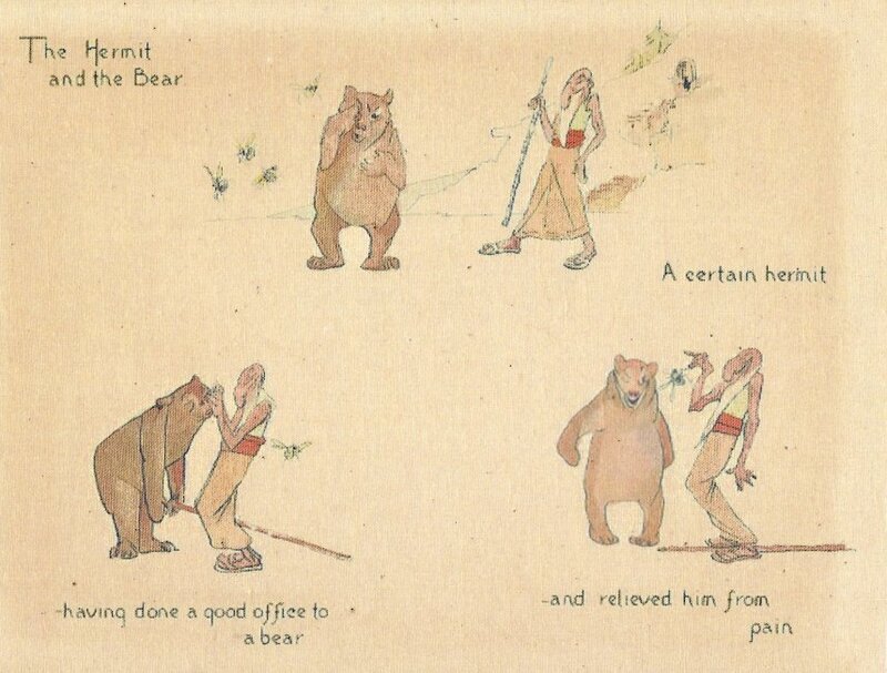 Three separate scenes of a hermit and a bear. The hermit is helping the bear heal from a bee sting. The text reads, "The Hermit and the Bear. A certain hermit, having done a good office to a bear, and relieved him from pain."