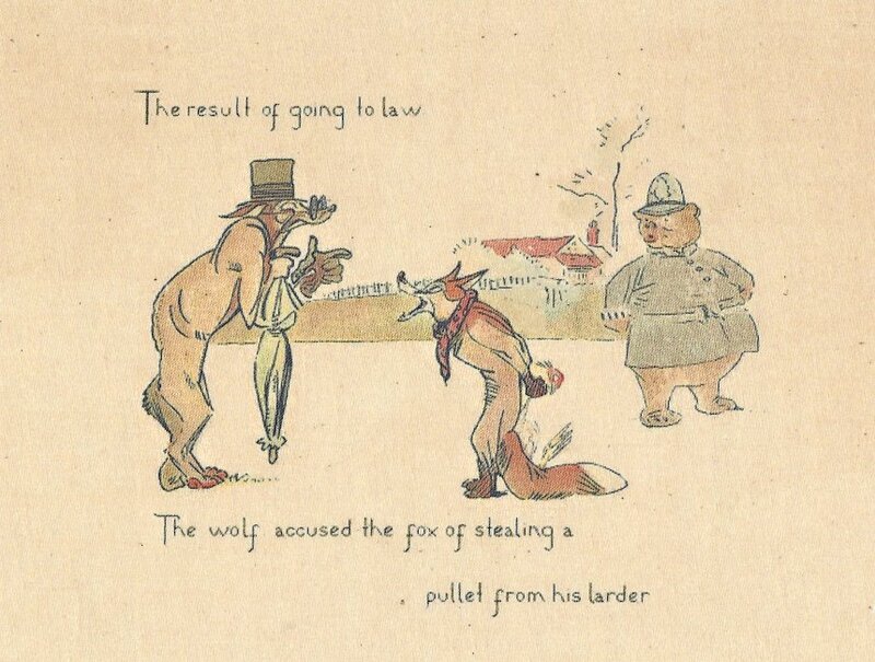 A wolf is yelling at a fox while a bear in a police uniform stands in the back. The text reads, "The result of going to law. The wolf accused the fox of stealing a pallet from his larder."