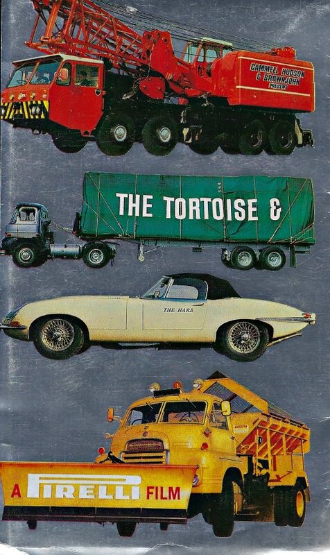 A map cover with a red truck, a green truck, a yellow sports car, and a yellow truck. The green truck has "The Tortoise &" written on it. The yellow sports car has "The Hare" written on it. The yellow truck has "A Pirelli Film" written on it.