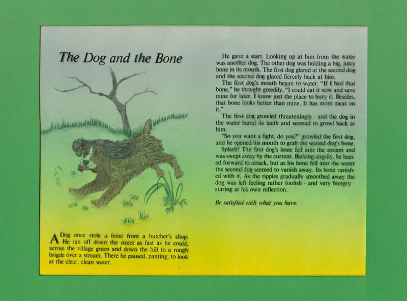 Image of a dog and a bone accompanied by text with a green background