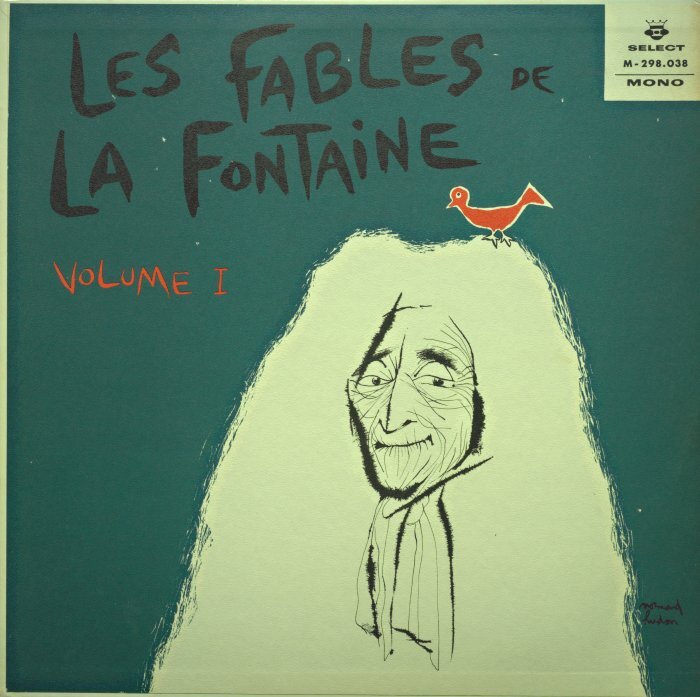 A blue record sleeve with Jean de La Fontaine on the cover. A red bird sits on his head.