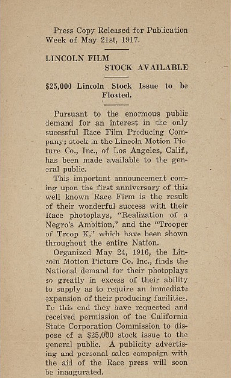 Lincoln Motion Picture Company 1917 Press Release