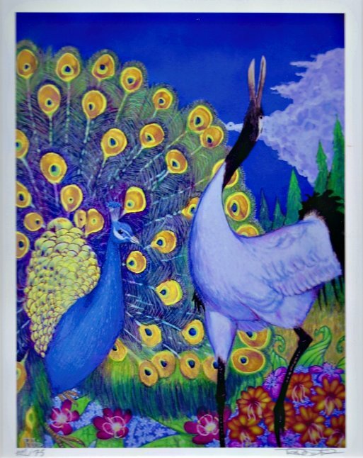 An acrylic painting of a peacock and a crane
