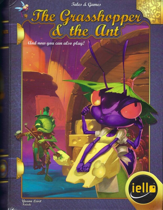 The cover of a board game box with a purple ant and a green grasshopper playing a violin.