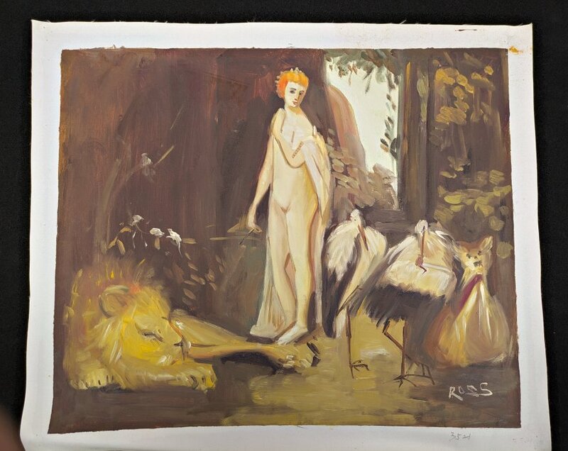 Oil painting of a woman standing in a forest next to a lion