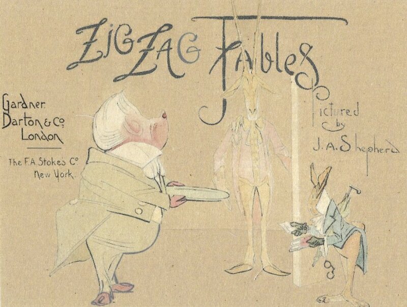 Three animals on a quilt panel, one animal is serving food to the other two animals. The text reads, "Zig Zag Fables Picture by J.A. Shepherd; Gardner, Darton & Co., London; The F.A. Stokes Co., New York."